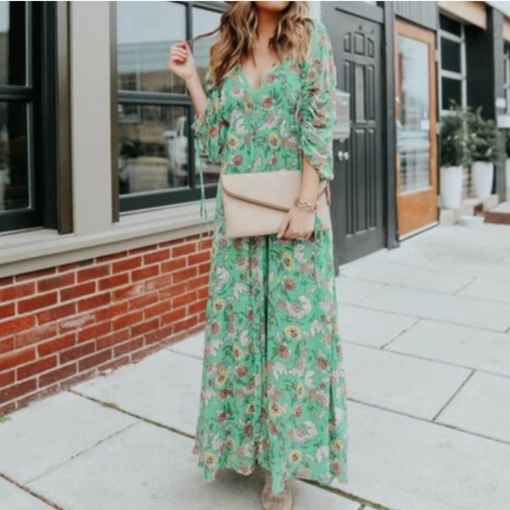 Free People green Long sleeve sheer floral fall Maxi Dress - Picture 2 of 13